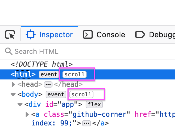 #TIL 

The <a href="/FirefoxDevTools/">Firefox DevTools</a> tells you which elements have scroll overflows!! 

I've spent countless hours debugging why I'm seeing two scrollbars in the past, this is a life saver!