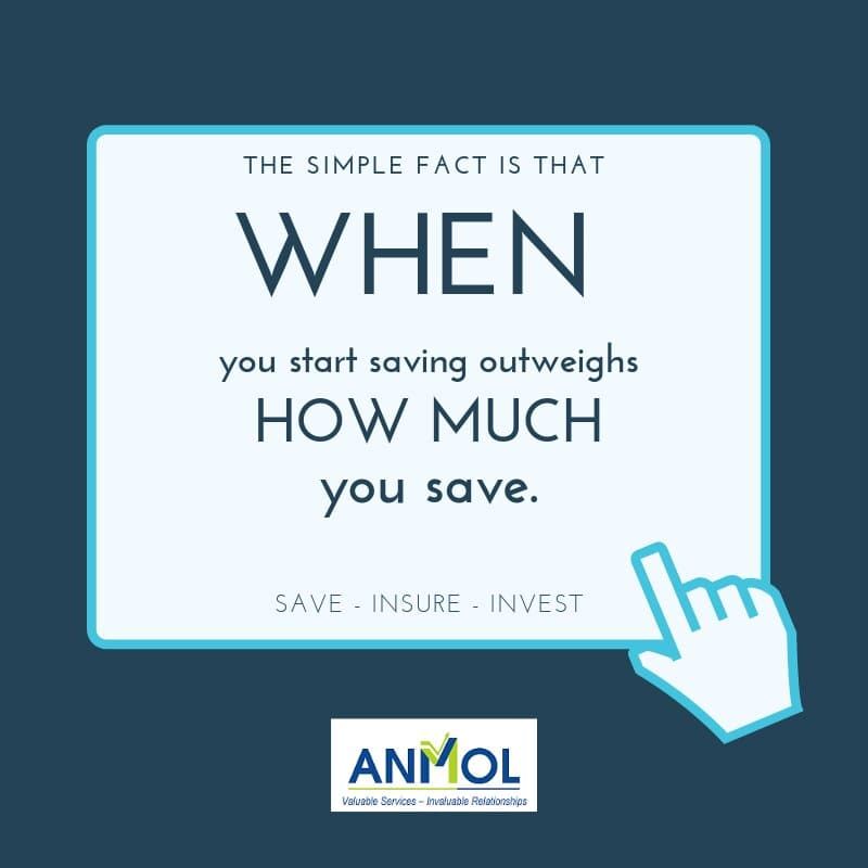 AnmolShare's tweet image. The simple fact is that WHEN you start saving outweighs how much you save. Earlier you start - better you get! Even if it means little, start. Investments now as low as Rs 100 p.m.

Visit us on buff.ly/2IFPDMs and know more.

#Save #Insure #Invest - for a #Happy #Future