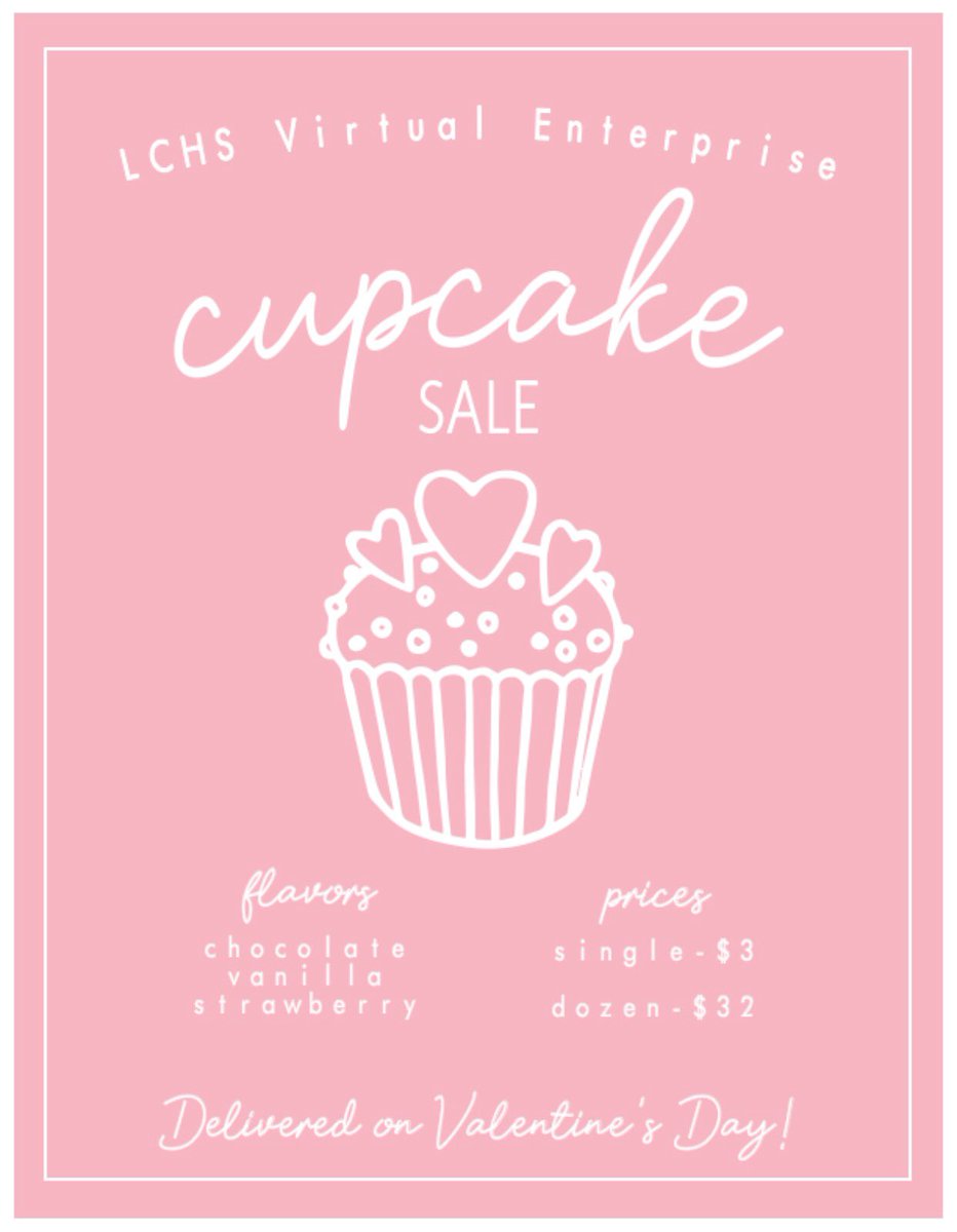 lchsve2019's tweet photo. We are having our annual cupcake sale!! Send one to your friends and loved ones. They can be delivered to local schools &amp; businesses. See any of the VE students to get yours! https://t.co/1ASSxq6mTZ