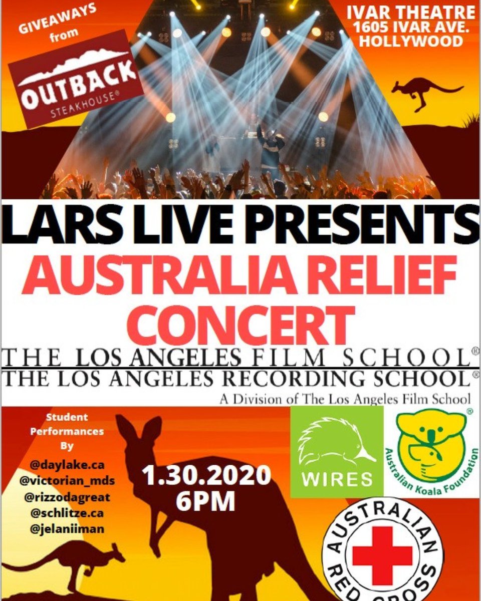 nickolasbenson's tweet photo. 1 Week from Tonight! #LAFilmSchool #LARecordingSchool #LARSLive #Presents #Australia #Relief #Concert 1.30.2020 6PM #IvarTheatre #Hollywood #Wires #AustralianRedCross #AustralianKoalaFoundation
#Giveaways from #OutbackSteakhouse https://t.co/oI785mZn5n
