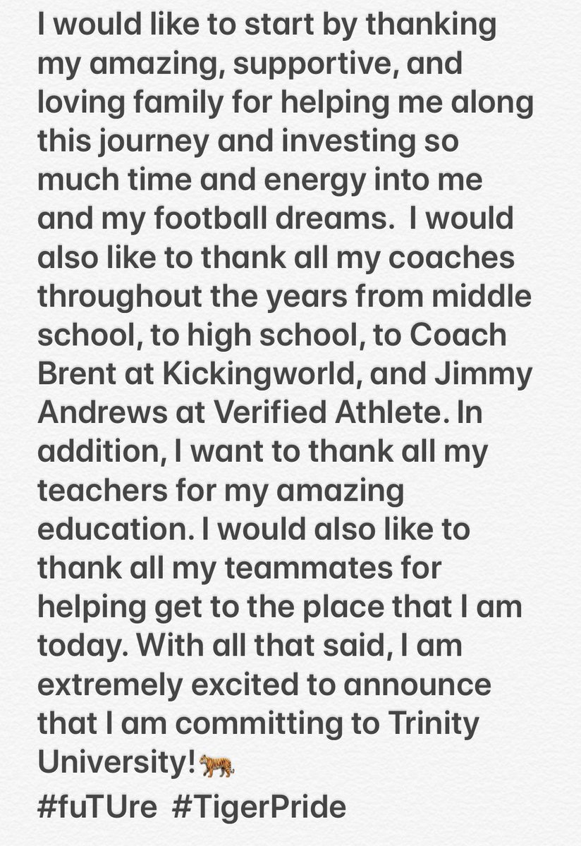 EliGehman's tweet photo. From Lion to Tiger! I am committing to Trinity University!!! #TigerPride #fuTUre https://t.co/lIXYUGDlxd