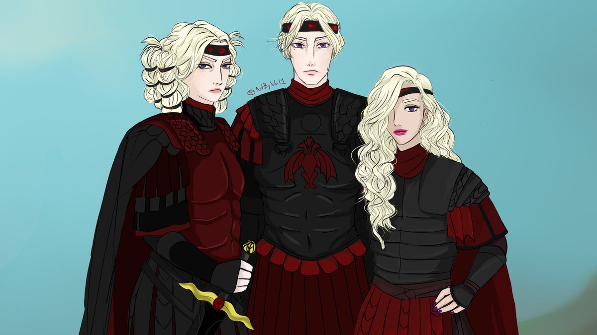Here they are: #Visenya, #Aegon and #Rhaenys in roman-inspired valyrian armors. 

Why? Because Valyria remainds me a lot of the Roman Empire: proto-democracy, technological advanced, conquerors and founders of cities, religious tolerance, slavery.