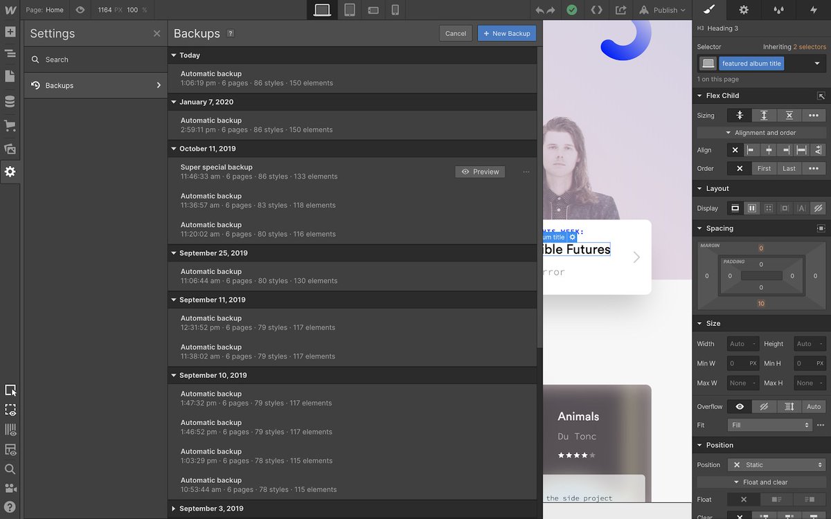 webflow's tweet image. #WebflowUpdate⚡️

Preview, restore, and rename backups from the Designer without needing to hop into the dashboard. 🥳

👉 webflow.com/feature/previe…