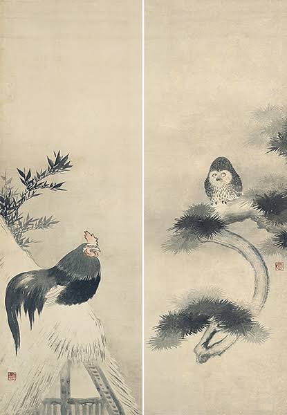 対〉で見る絵画展② ＃根津美術館 梟鶏図 狩野山雪 ニワトリとふくろう