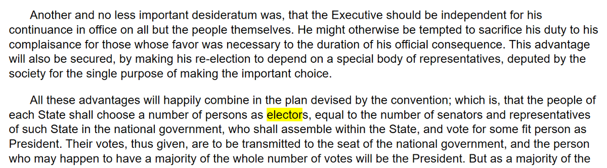 then it was the job of the College of Electors to decide whether the most popular candidate had the experience, proficiency, and the temperament required for the office of the Presidency.If not, then it was the Electors' job to cast their votes for the qualified candidate./10