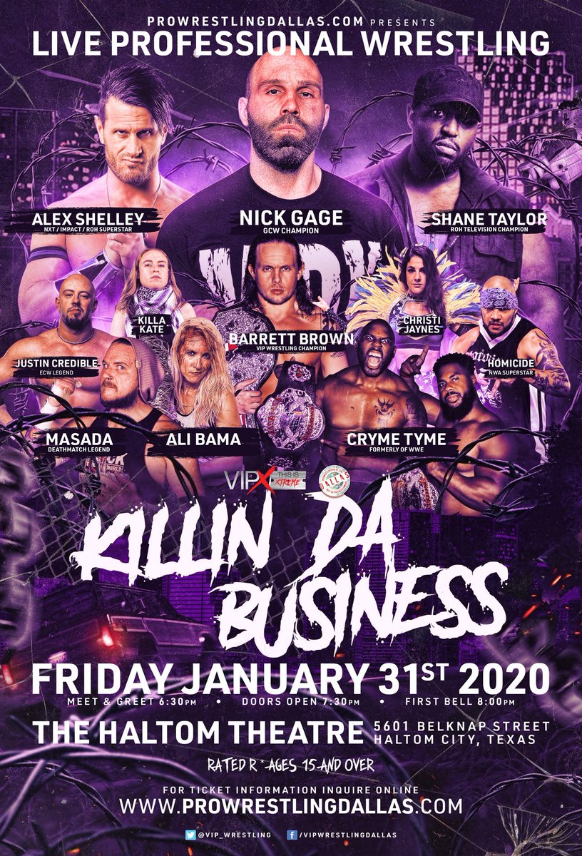 VIP_Wrestling's tweet photo. Fri Jan 31st, tix: https://t.co/0Jax7KVVXr
#killindabusiness #vip #vipx #vipwrestling #DeathmatchWrestling #hardcore #CrymeTyme #NickGage #AlexShelley #explorepage #explore #WWE2K20 #wwe #IMPACTwrestling #NWAPower #NWAPowerr #EVOLVE #AEW #roh #njpw #nxt #mlw #impact #gcw #ECW https://t.co/VgQ0CzsV0v