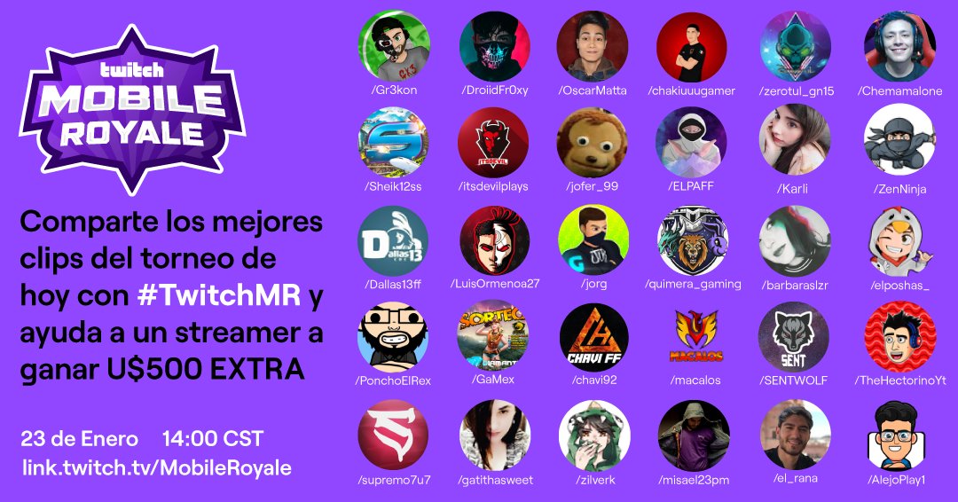 TwitchLatam's tweet photo. ¡Ya inició Twitch Mobile Royale! 🔥

Torneo semanal exclusivo para streamers de Twitch con USD 3000 en premios.💰

Comparte el clip de tu streamer favorito usando #TwitchMR en Twitter y ayudalo a ganar ¡USD 500 adicionales!

Sigue la acción en el stream de https://t.co/fYU73zFm3D https://t.co/Pfo6PBRsoO