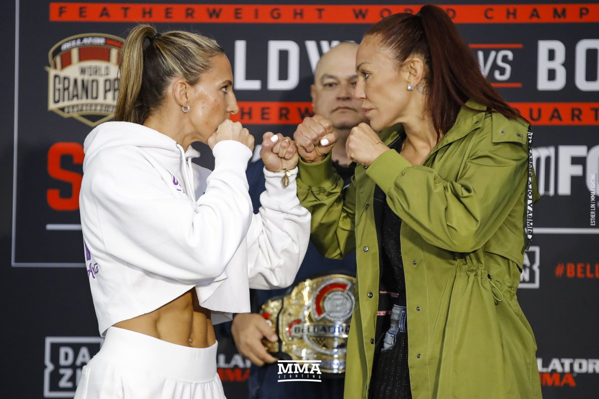 MMAFighting's tweet photo. The #Bellator featherweight title fight between 🇨🇦 @JuliaBudd and 🇧🇷 @criscyborg is right around the corner! Will wee see #AndStill or #AndNew on Saturday night? | 📸: @allelbows https://t.co/6ozy3F9Za1