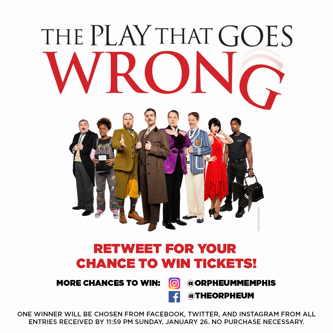 TheOrpheumTN's tweet photo. Retweet for your chance to win 2 tickets to the Thursday, Feb. 6 performance of The Play That Goes Wrong! Winner will be announced on Monday, Feb. 27. Get all the details here: https://t.co/AACP7gxzL7 https://t.co/OwLUUykpNk