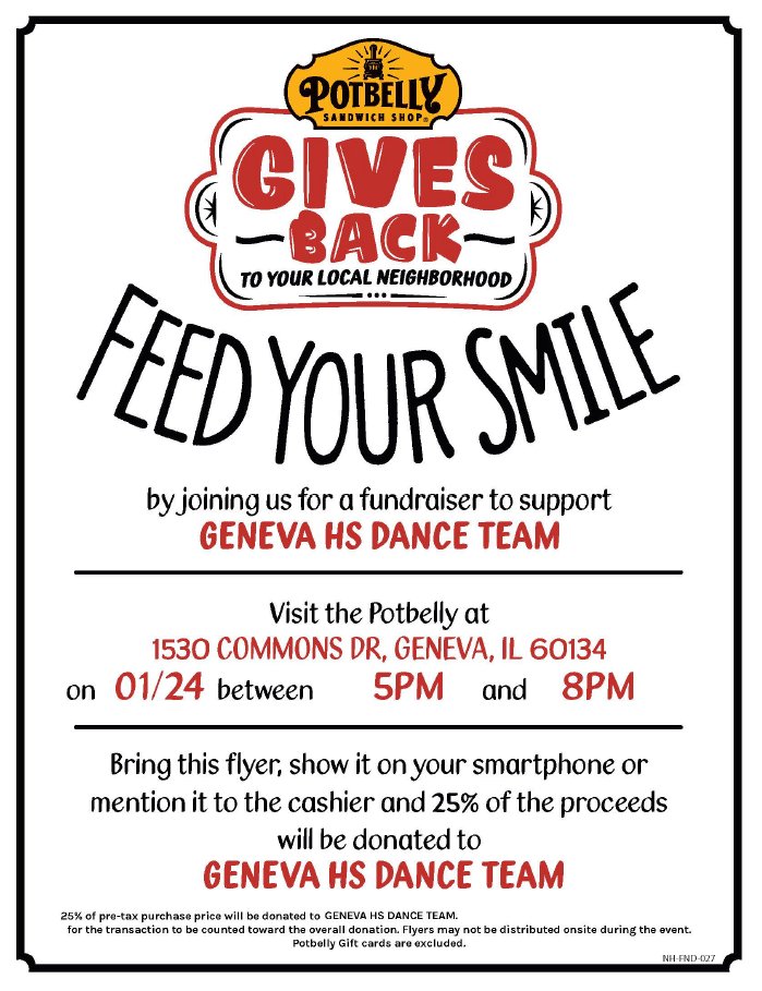 Geneva304's tweet photo. Good deed alert: Show this flyer at Potbelly in Geneva Commons from 5-8 p.m. tomorrow, Jan. 24, and 25% of the proceeds will be donated to the GHS Dance Team. Thank you for your support! #Geneva304 https://t.co/XDVZEglnvM