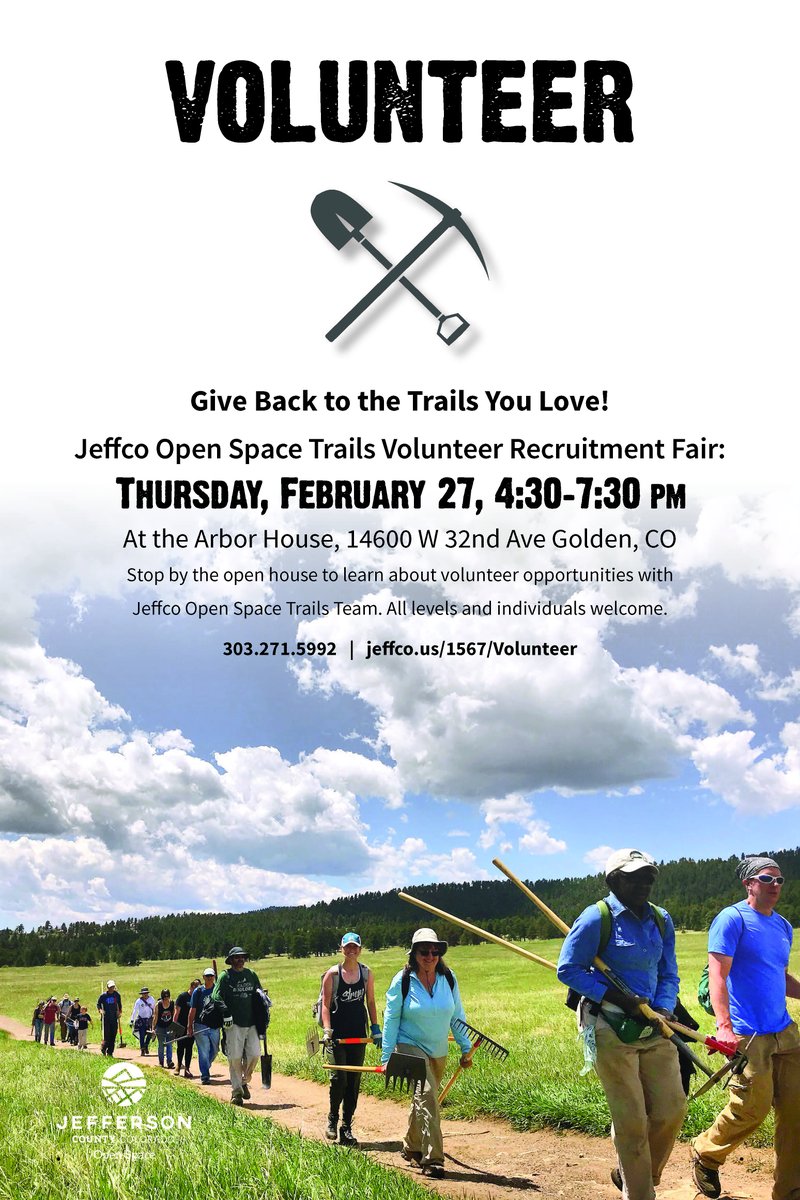 JeffcoOpenSpace's tweet photo. We're recruiting 2020 volunteers! Drop by a recruitment fair to get involved.

All volunteer positions:
Thursday, February 20, 4:30–6:30 P.M.
Saturday, February 22, 10:00 A.M.–1:30 P.M.

Trails volunteer positions:
Thursday, February 27, 4:30–6:30 P.M.

https://t.co/etApIyxFg7 https://t.co/ewiqehFT5j