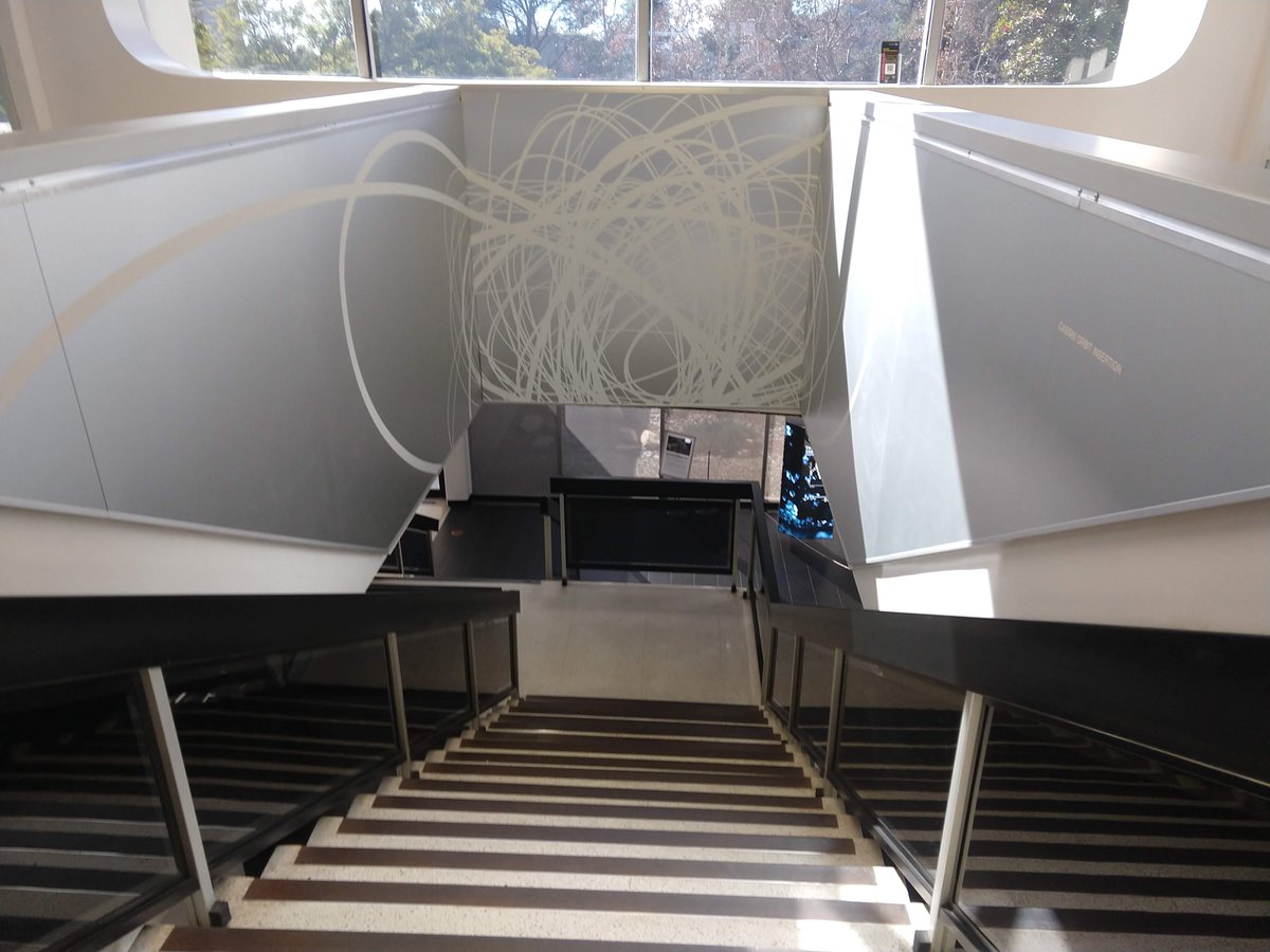 An artpiece in a stairwell depicting Cassini's final orbits around Saturn.