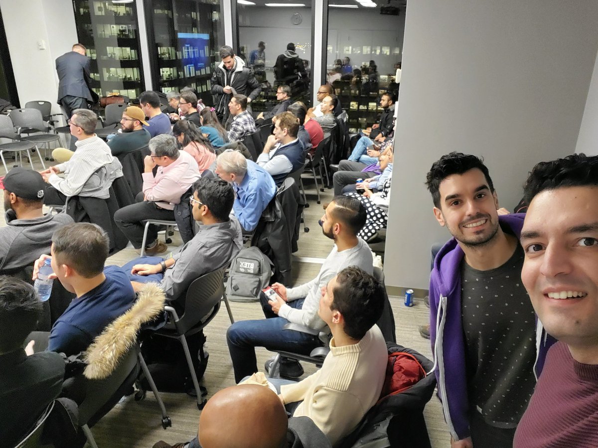At dotnet toronto user group with <a href="/lucavgobbi/">Luca Gobbi</a> and <a href="/ehsaneskandarim/">Ehsan Eskandari ❤️ ☁️</a> and <a href="/AliMosabebi/">Ali Mosabebi</a> . Room is packed and <a href="/Borrowell/">Borrowell</a> is about to start drop #Azure knowledge <a href="/MTDNUG/">Metro Toronto .NET User Group</a>