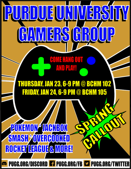 PurdueGamers's tweet photo. Greetings, PUGG's call out is this Thursday and Friday 6-9 Join us for our callout if you want to learn more about the club, just to have fun and play video games or if your interested in becoming an officer to help plan events. https://t.co/QiO5XFoj1A