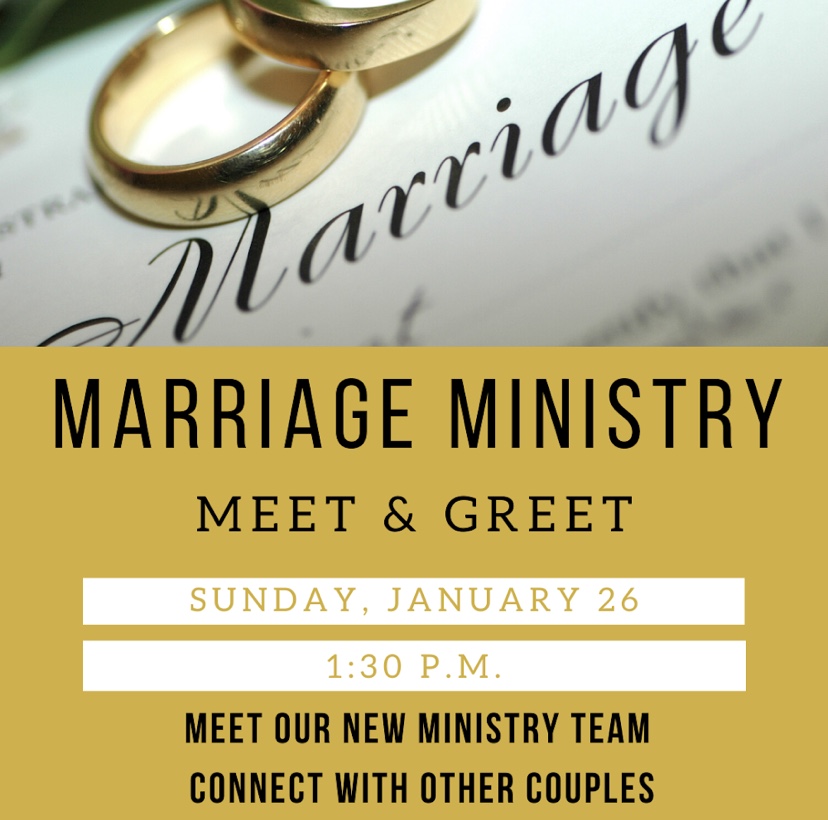 Join us this Sunday at 1:30pm for our Marriage Ministry Meet Up! Meet our new Ministry Team, connect with other couples, and receive a devotional plan. Refreshments will be available. We’ll see you there!