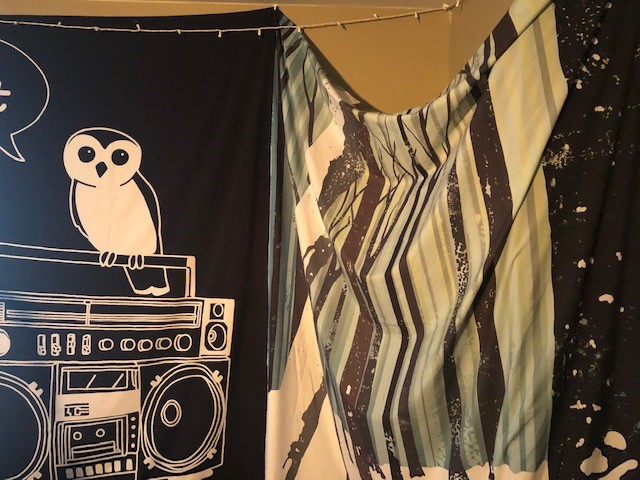 FolkHallBoston's tweet photo. One of the challenges at #FAIConference is to decorate and turn a suite into a venue. @_themammals have used the artwork of artist and graphic designer Veronica Farrin (https://t.co/Q0Gav4PSRE) to decorate their showcase interior. #faineworleans #IFMAs #folkalliance2020 #FARHOF https://t.co/BbROOxa4pi