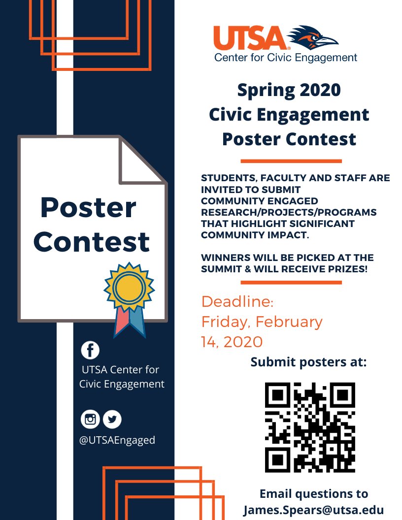 UTSAengaged's tweet photo. Have you been involved in community engaged research, projects, or programs that have significantly impacted the community? Check out our poster contest! 📄 @UTSA
.
.
.
#UTSA #UTSAEngaged #RowdyImpact #GetEngaged https://t.co/BriDsyTDE2