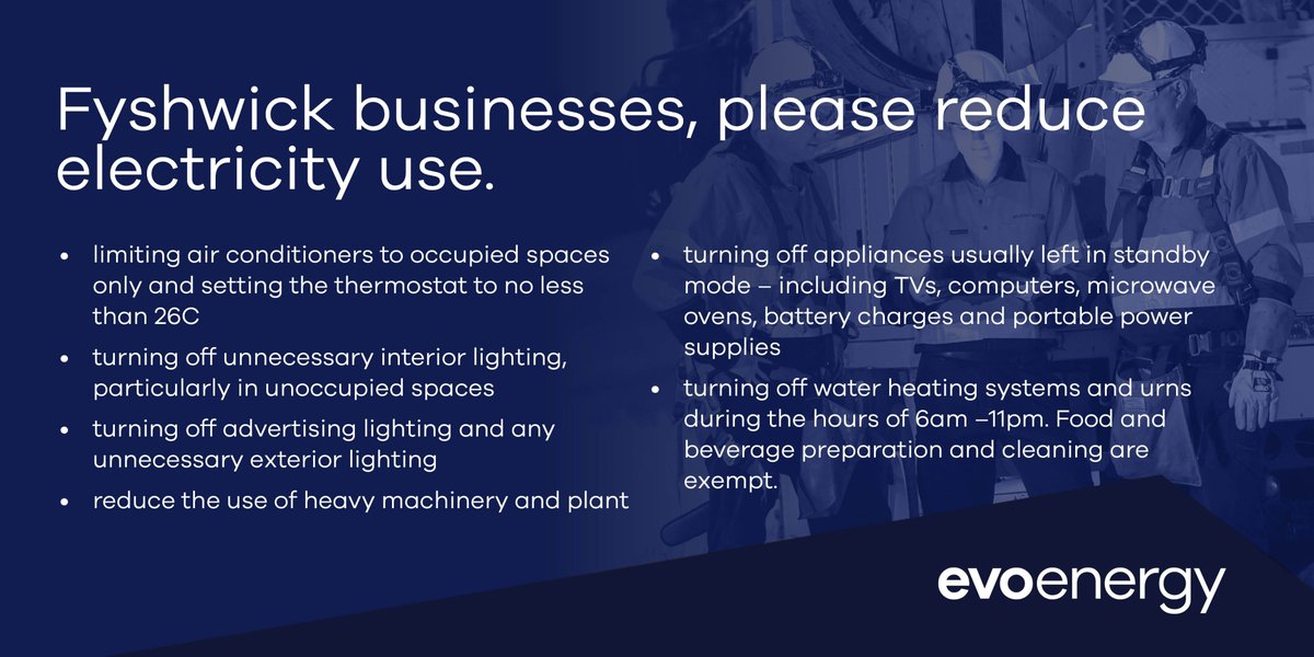 #FYSHWICK BUSINESSES: please reduce your electricity use. As a result of the Beard fire, two main lines that service the Fyshwick area have been damaged. To assist us in managing the load on our network, we're asking for Fyshwick businesses to voluntarily reduce their use.