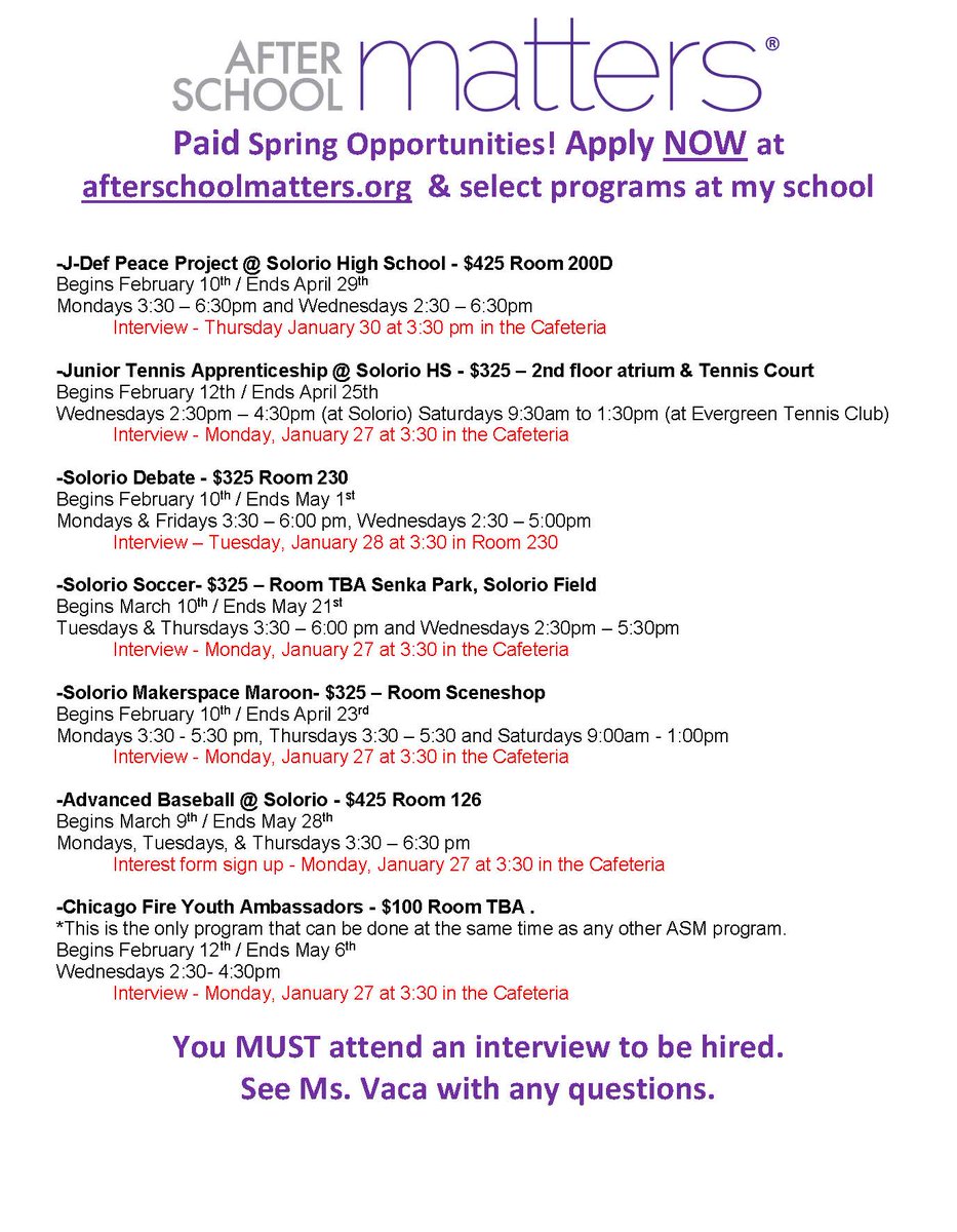 AsmSolorio's tweet photo. 📢🚨ATTENTION STUDENTS! Our ASM programs are starting soon, make sure you apply online and go to the interview to be hired! This Spring we have 7 great programs, apply today!⚽️⚾️🎾🎨📣🔬 https://t.co/Y9xYPOsuwV