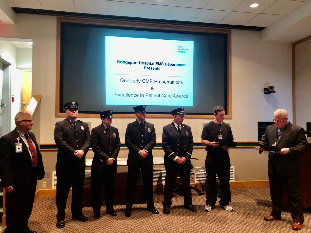 Bridgeport Hospital recognized members for a recent Code Save.  Standing with Wes Young from Bridgeport Hospital is FF Warren, Captain/Medic Waiksnoris, FF Pons, and FF/Medic Hawkins.  Great job by our Brothers and Sister!