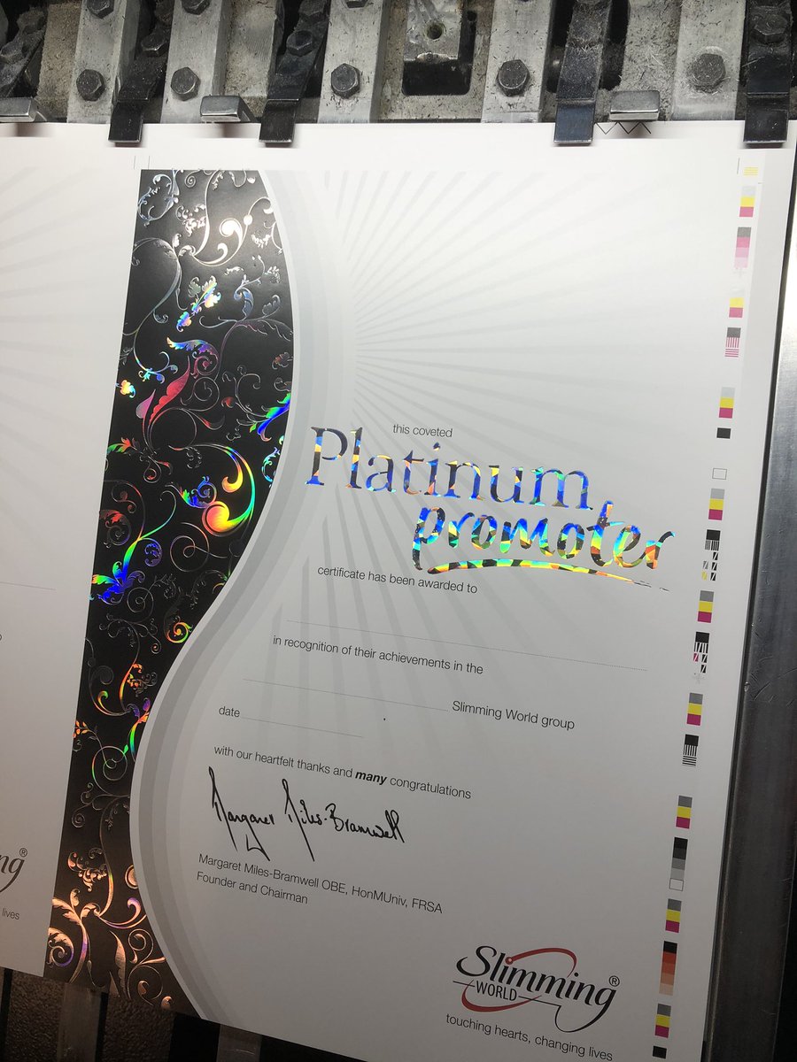 leonmcgawley's tweet photo. Can not switch off! Foiling a slimmers world certificate, fluted die with emboss on a cylinder! Work, dream work, repeat! Holographic foil, got it done. Another happy customer and on time!😅, also got filmed this week for a companies website, I must be doing something right😅😂😂 https://t.co/htb7BvO0CR
