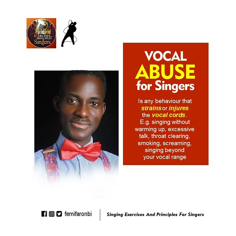 femifaronbi's tweet photo. VOCAL ABUSE is any behaviour or occurrence that strains or injures the vocal vocal cords. E.g. singing without warming up as a Singer, dehydration, excessive talking, yelling etc @Vocalist
@VoicecoacHealth
#VocalAbuse
#singingexercisesandprinciplesforsingers #femifaronbi https://t.co/T2Xp5TF2K2