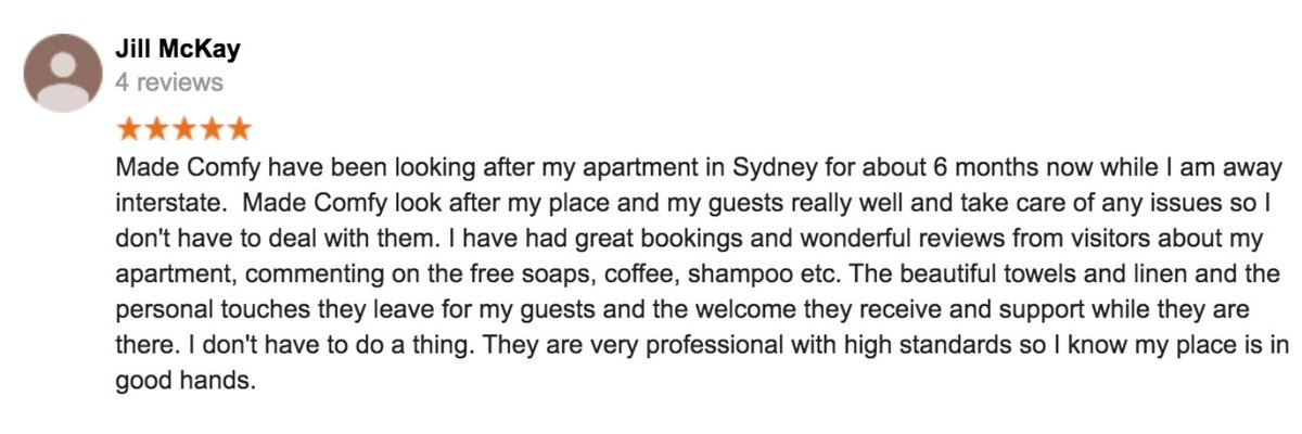 MadeComfyau's tweet image. Thank you, Jill, for this lovely review. It made our day to hear your kind words of appreciation towards our team for their high standards and professionalism. We look forward to taking excellent care of your apartment 🏡

#madecomfy #sydney #melbourne #brisbane #goldcoast