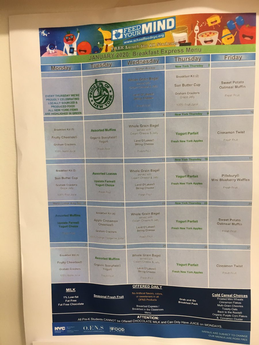 earth2vj's tweet photo. ⁦@DOEChancellor⁩ just so u know - this menu is for schools with kitchens - pre-K centers roll with what’s available - how u feel about this ⁦@BilldeBlasio⁩... can at do the lunch menu if u need a peek https://t.co/6VyLtrWcLM