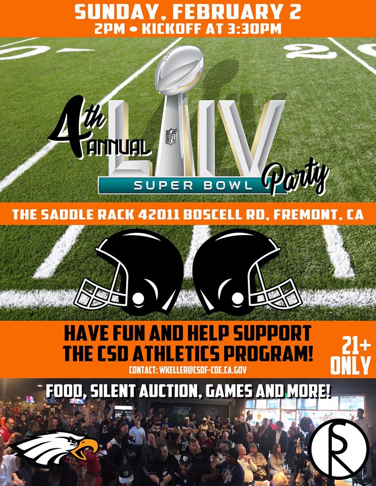 CSDTHAT's tweet image. Have fun and help support CSD Athletics Program. Come join us for our 4th annual Super Bowl party in Fremont at the Saddle Rack, 42011 Boscell Road, with food, silent auction, games, and more! Sunday, February 2, from 2 pm; kickoff at 3:30 pm.