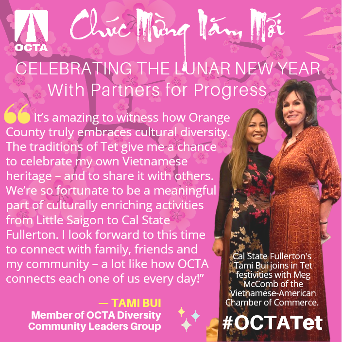 goOCTA's tweet photo. Celebrating the #LunarNewYear with leaders making a difference in #OrangeCounty. @CSUF’s @TamiCSUF shares in the traditions of Tet and looks forward to connecting with community at the two Tet festivals – and throughout the year. #OCTATet #goOCTA #ChucMungNamMoi #YearoftheRat https://t.co/W2PwoI178t