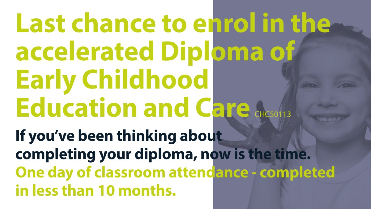 LAST CHANCE- Looking to complete your CHC50113 Diploma of Early Childhood Education and Care? Our special accelerated course allows you to use credits from your Certificate III in Early Childhood Education &amp; Care (CHC30113) qualification.

training.diversitat.org.au/courses/diplom…