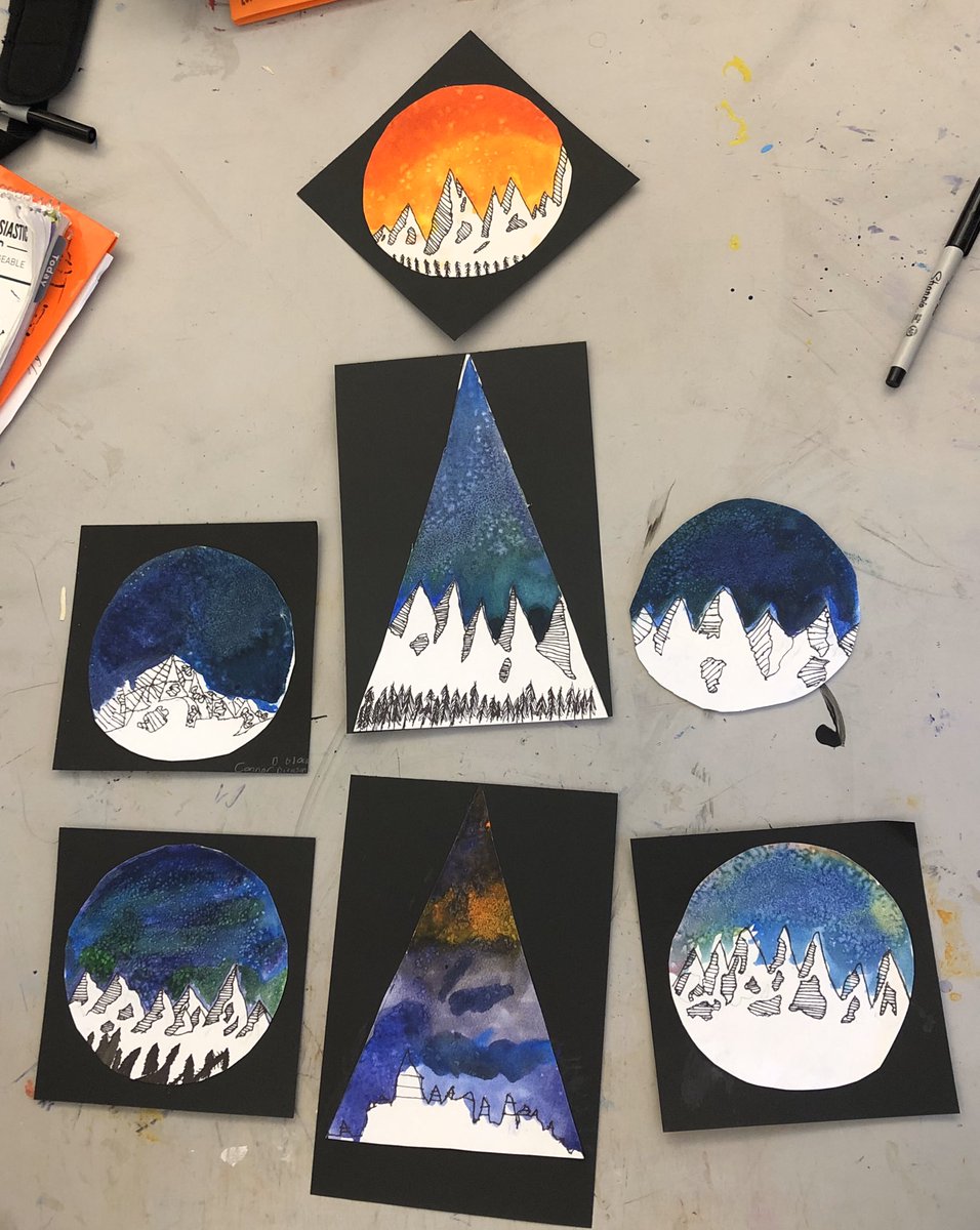 ArtMerms's tweet photo. Beautiful mountain landscapes inspired by artist Jen Aranyi. Pen and watercolor. Grade 6 #MERMSBUZZ https://t.co/iWROmMum1V