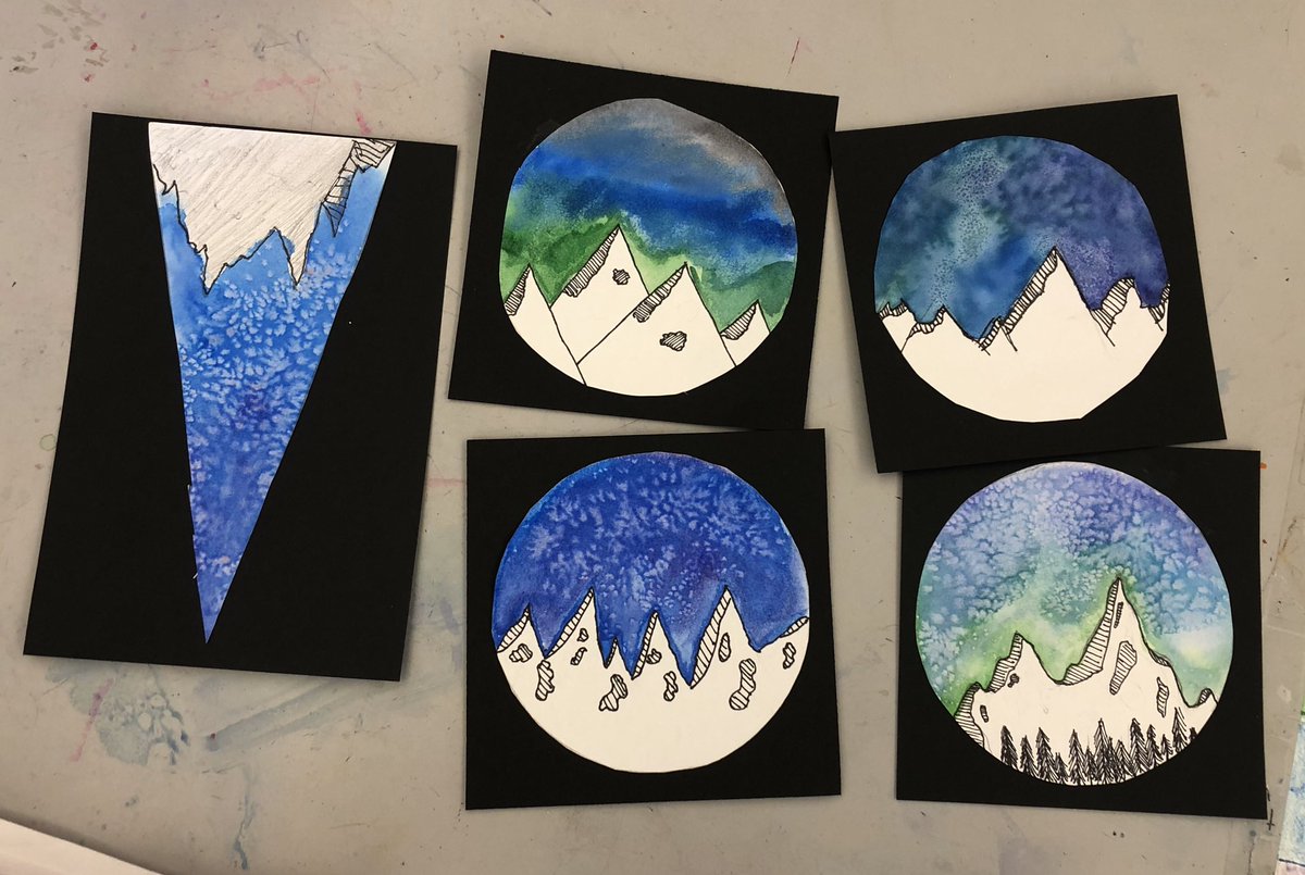 ArtMerms's tweet photo. Beautiful mountain landscapes inspired by artist Jen Aranyi. Pen and watercolor. Grade 6 #MERMSBUZZ https://t.co/iWROmMum1V