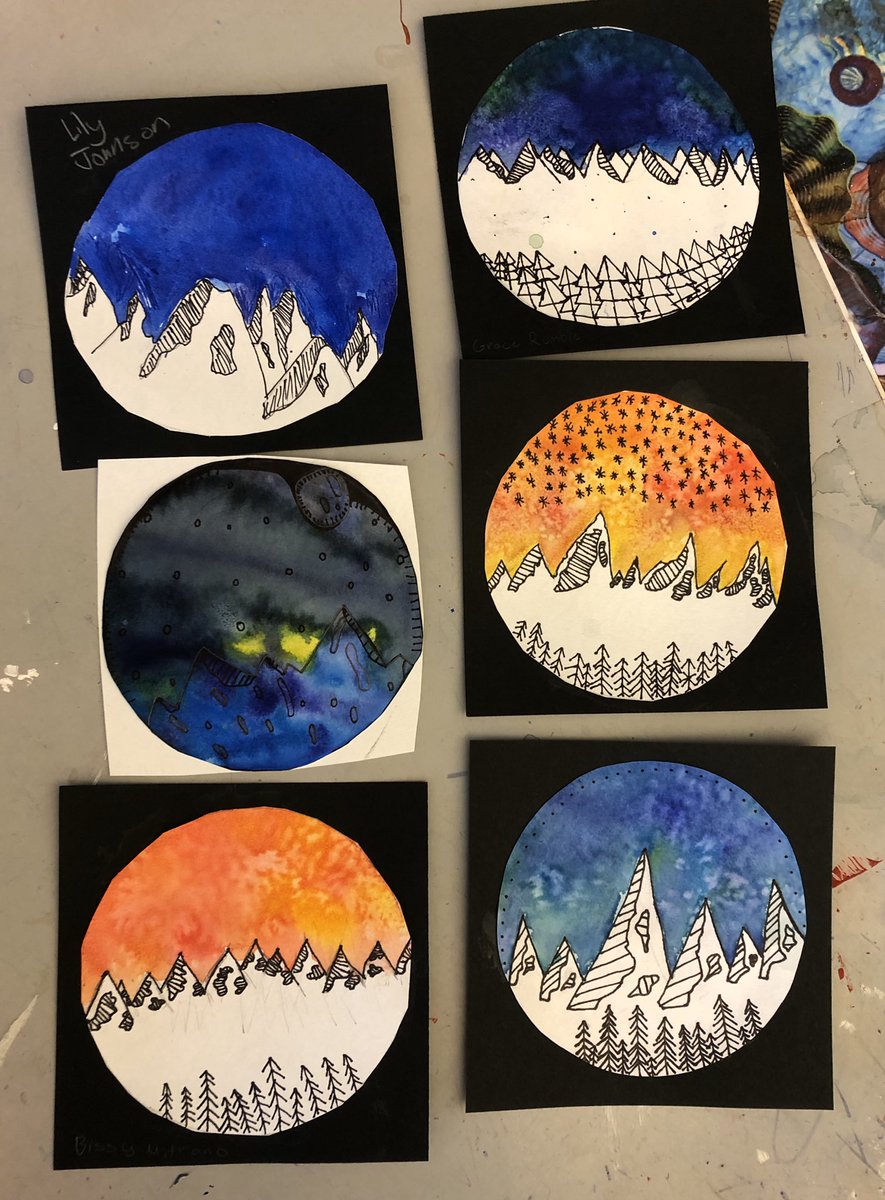 ArtMerms's tweet photo. Beautiful mountain landscapes inspired by artist Jen Aranyi. Pen and watercolor. Grade 6 #MERMSBUZZ https://t.co/iWROmMum1V