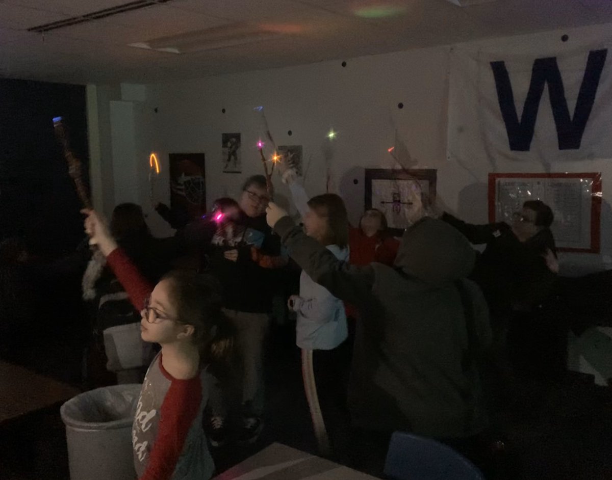 MissSolchik's tweet photo. Our goal next week is to not get so caught up in the #scienceandmagicofhogwarts that we forget to take pictures of the process yet again, right @MissStewy ? 😂  Wandmaking culminated in a glowing dance party! #stem #harrypotter #lumos #thewandchoosesthewizard https://t.co/xs9AudXoBV