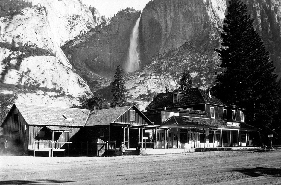 the old village store in 1923, with Yosemite Falls in the background