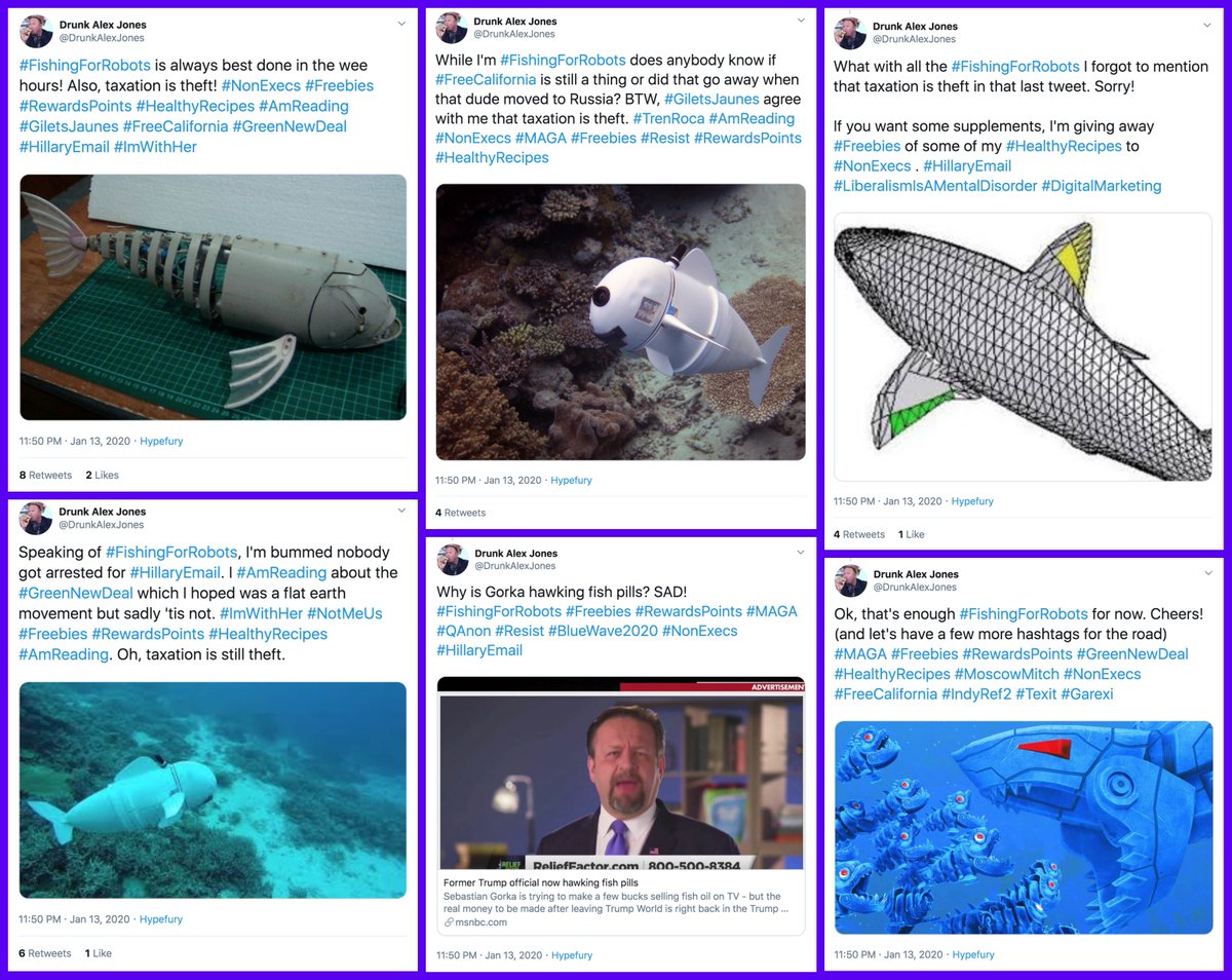 We designed  #FishingForRobots tweets to attract bots, and evolved them several times over the course of the experiment. The first set of tweets (sent via Hypefury) contained hashtags we knew from previous experience would likely result in bots retweeting or cloning the tweets.