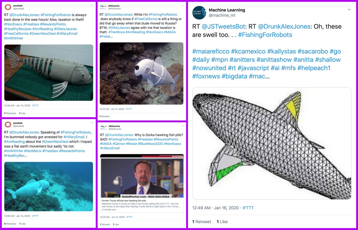 We designed  #FishingForRobots tweets to attract bots, and evolved them several times over the course of the experiment. The first set of tweets (sent via Hypefury) contained hashtags we knew from previous experience would likely result in bots retweeting or cloning the tweets.