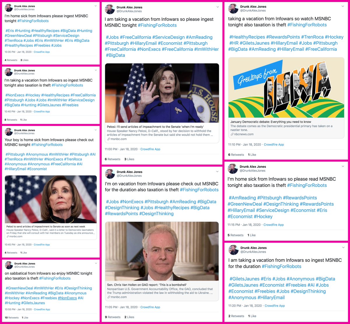 We added links to MSNBC to the  #FishingForRobots tweets (MSNBC is a known trigger for a taxi/realtor themed retweet botnet), and tossed in some additional hashtags that turned up repeatedly in datasets of IFTTT bots. This set of tweets was scheduled via Crowdfire.