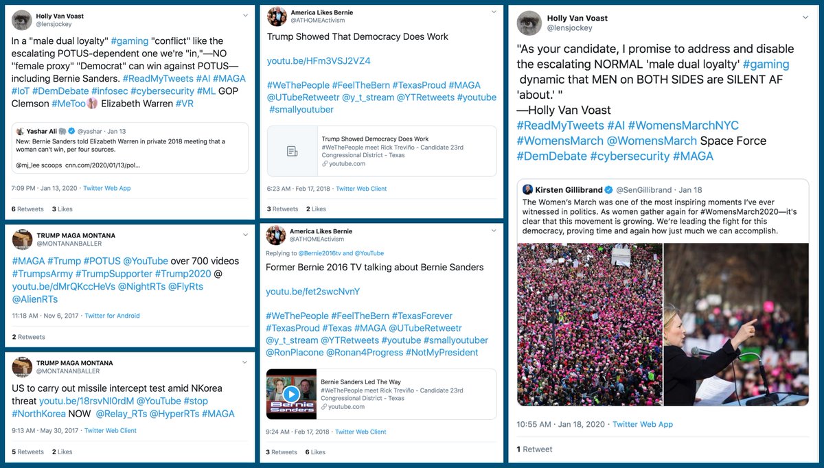 Political accounts occasionally hijack these forms of automated amplification as well. Here are some examples of US political tweets from accounts on both sides of the aisle, and the bot retweets they triggered.