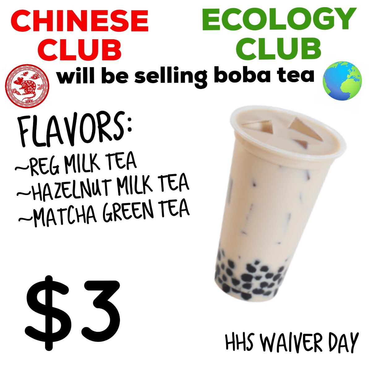 HhsChinese's tweet photo. Tomorrow we will be selling boba tea and Fried rice for waiver day! Make sure to come by ☺️ https://t.co/gt8RhnxO9G