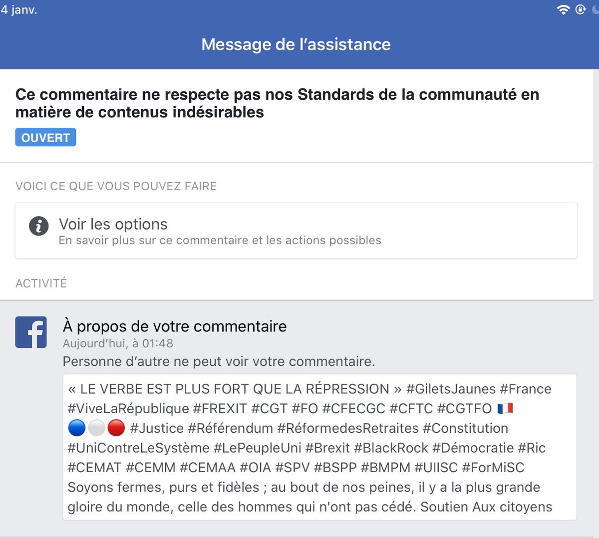 FREXIT19's tweet photo. Voici un Exemple type de Non démocratique et Régime Totalitaire sans Précèdent

« LE VERBE EST PLUS FORT QUE LA RÉPRESSION 
#GiletsJaunes #France  #FREXIT #CGT  #FO #CFECGC #CFTC #CGTFO 🇫🇷🔵⚪️🔴 #Justice  #Constitusion #Démocratie #Ric 
#CEMAT #CEMM #CEMAA #OIA  #SPV #BSPP #BMPM https://t.co/VhHv3z4EGh