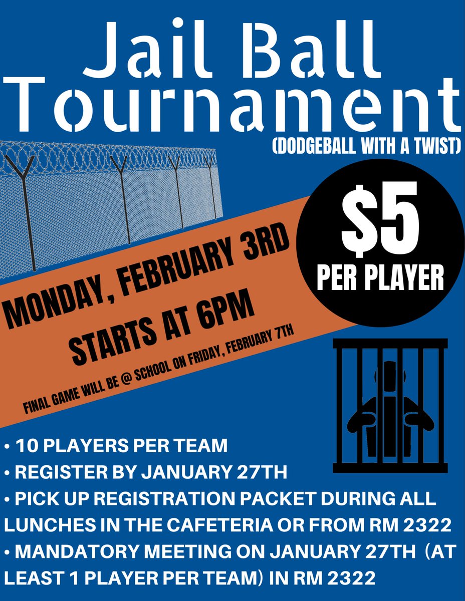 hey chargers, don’t forget to pick up your registration packet for jail ball tomorrow @ all lunches!! *****MONEY &amp; SIGNED FORMS DUE ON MONDAY, JANUARY 27TH*****