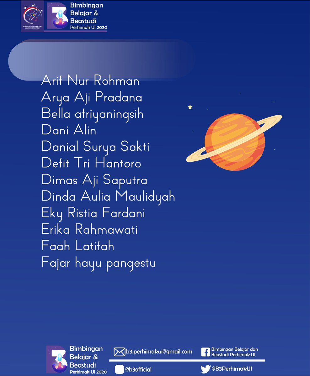 B3PerhimakUI's tweet photo. [ PENGUMUMAN SELEKSI BERKAS ]

Halo Pejuang Muda Kebumen!

Berikut pendaftar yang lolos seleksi berkas Pendaftaran Bimbingan Belajar dan Beastudi Perhimak UI 2020.

Persiapkan diri untuk tes tertulis pada : https://t.co/3vEB59hju7