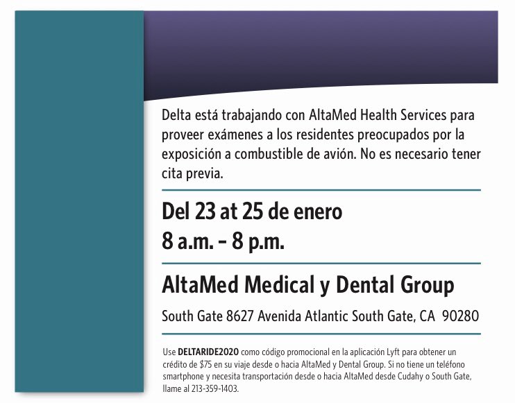 AsmGarcia's tweet photo. If you or your community have been affected by the #Deltafueldump &amp; need medical attention, visit the AltaMed clinic location in South Gate for a health screening. Transportation is provided. https://t.co/1AzFPzsXQR