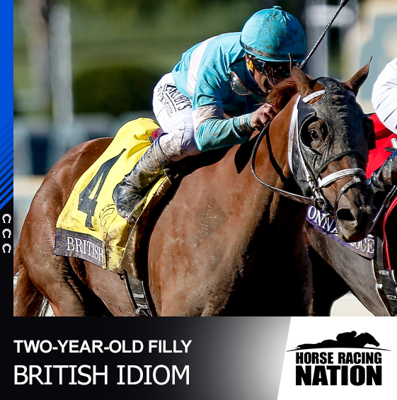 HR_Nation's tweet photo. She's 3-for-3, a Breeders' Cup winner and now a champion! British Idiom claims the third Eclipse Award of the night for the Brad Cox barn as top Two-Year-Old Filly. https://t.co/SMlKtQ6ZqY