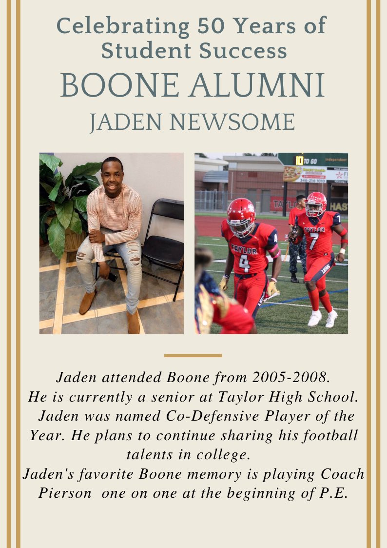 boonelementary's tweet photo. Boone Elementary’s 50th Anniversary Alumni Spotlight! 
#boone50th #love #learning #legacy @jnew_28 @AliefISD https://t.co/i45BfFG7kL