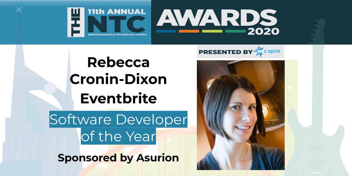 nashtechcouncil's tweet photo. Congratulations to Rebecca Cronin-Dixon, Winner of the Software Developer of the Year #NTCAward, sponsored by Asurion

The 11th Annual #NTCAwards are Presented by C Spire

@eventbrite @Asurion @CSpireBusiness https://t.co/VGHCxeI5j2