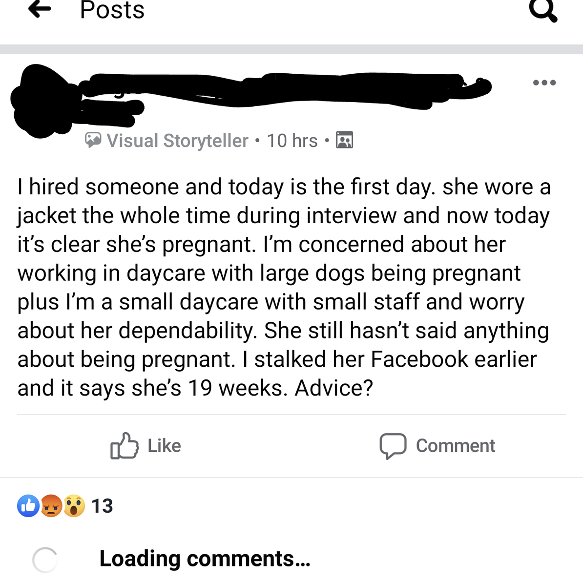 tchick11's tweet photo. Thoughts anyone?? This is only a few comments /threads throughout the post  #genderequity  #pregnantwomen #employers #Employment #employeediscrimination https://t.co/bh0DBkAhuu