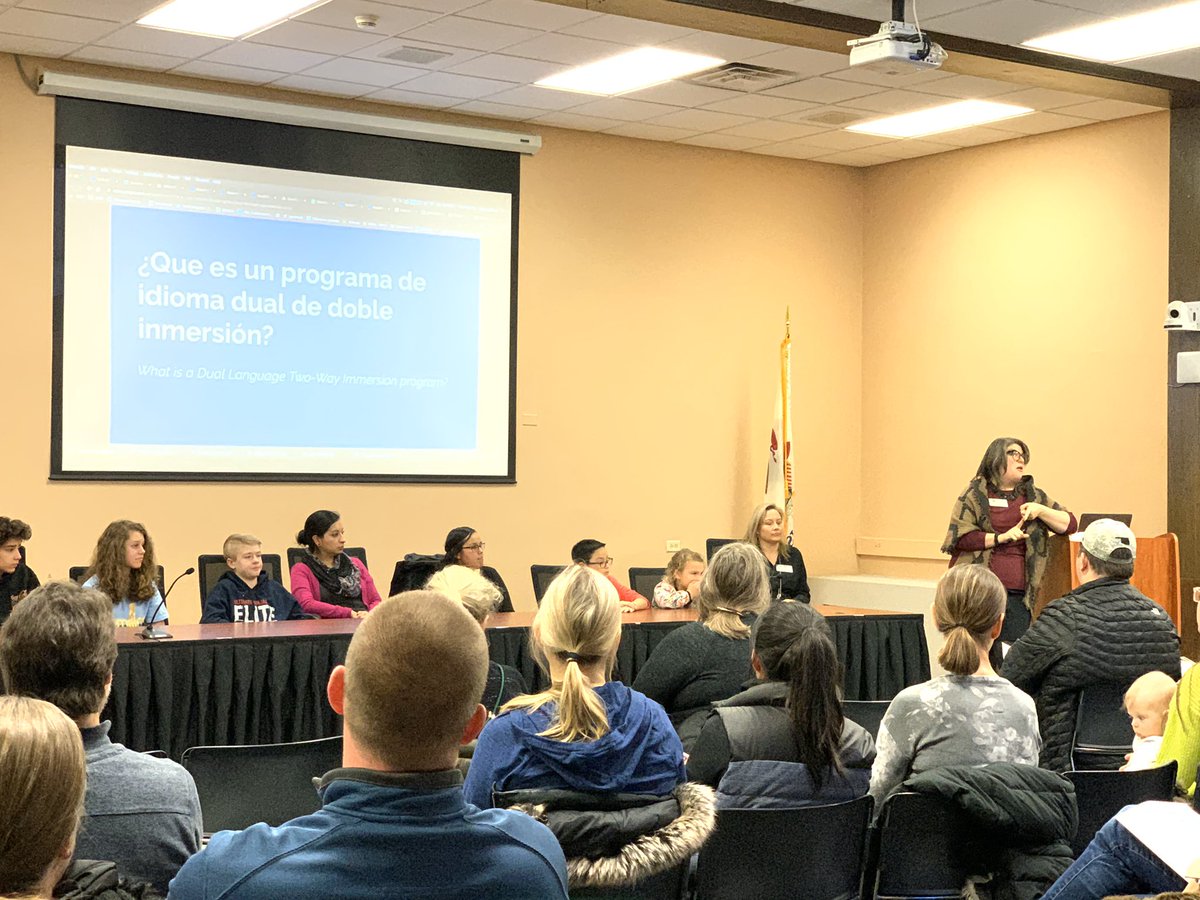 LindseyERose's tweet photo. Tonight our DL students got to shine! Elementary, middle, and high school was well represented by outstanding DL students and parents, speaking to prospective families about their language trajectories! #112Leads #Orgullo112 https://t.co/UAUJzmqnbW